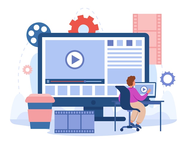 Content creator editing video footage in studio. Editor publishing viral video on social media, multimedia production flat vector illustration. Motion design concept for banner or landing web page