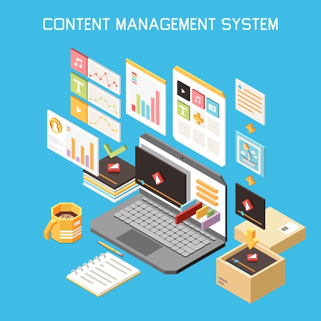 Free vector content management isometric colored composition with content management system headline and isolated icons vector illustration