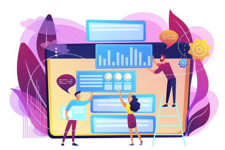 Content marketing manager, specialist, analyst work on websites for audience. Content marketing, working content, SEO optimization tool concept. Bright vibrant violet  isolated illustration