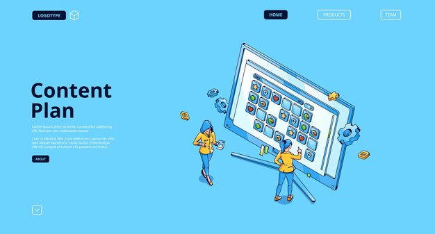 content plan banner. concept of organization work in social media, publication management. vector landing page with isometric women and calendar with icons on computer screen