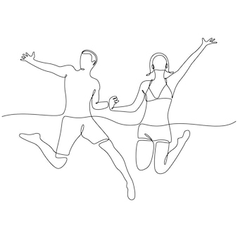 手​を​つないで​一緒​に​ジャンプする​ビキニ​の​カップル​の​連続​線画​ベクトル図