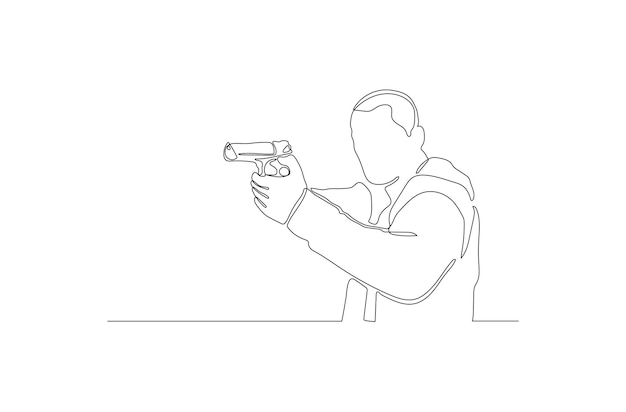 Непрерывный рисунок линии человека, держащего оружие векторная иллюстрация premium векторы