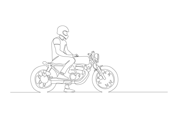 Непрерывный рисунок линии стильного мужчины с векторной иллюстрацией мотоцикла premium векторы