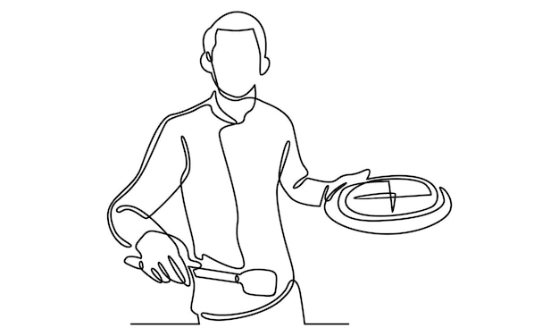 Непрерывная линия шеф-повара, держащего поднос с иллюстрацией пиццы