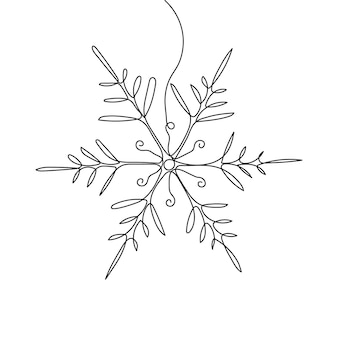 雪の結晶の連続単線画。白い背景で隔離の新年のお祝いのコンセプト。ベクトルスケッチイラスト