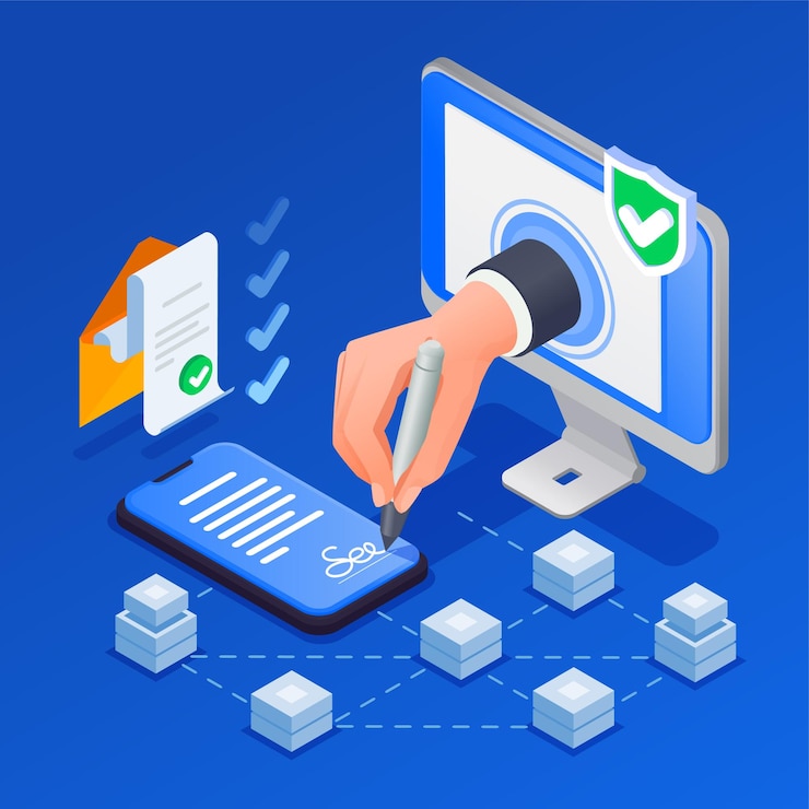 Free Vector contract agreement isometric composition with human hand putting electronic signature on blue background 3d vector illustration