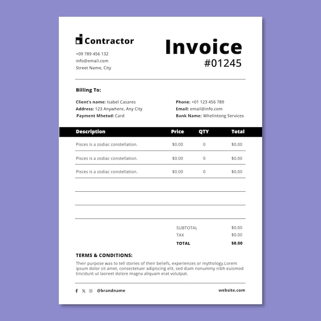 Free vector contractor  invoice template design