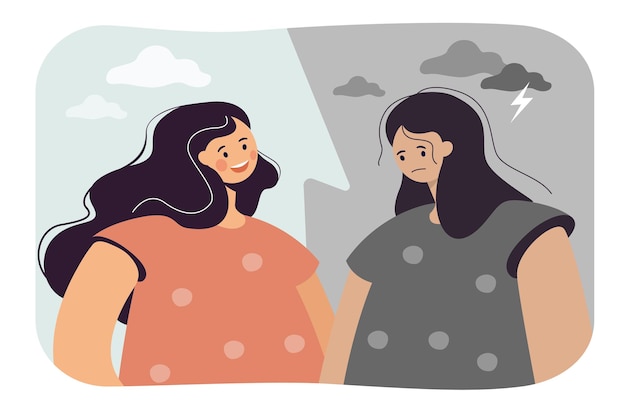 Contrast of happy and depressed woman. Flat illustration