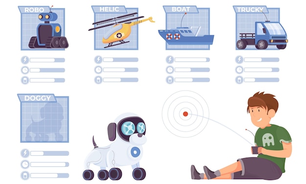 Vettore gratuito set piatto di giocattoli controllati di elementi infografici isolati e ragazzo che controlla l'illustrazione vettoriale del cane robotico