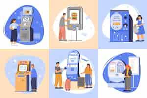 Free vector convenience and joy of using self service machines set flat isolates illustration