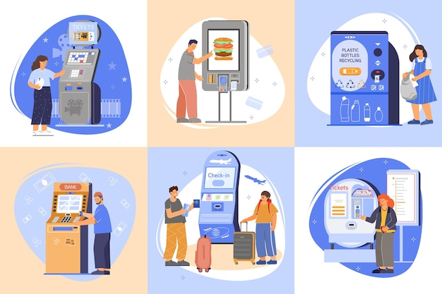 Convenience and joy of using self service machines set flat isolates illustration