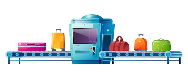 Free vector conveyor belt with luggage in airport terminal security check scanner of baggage  cartoon illustration isolated