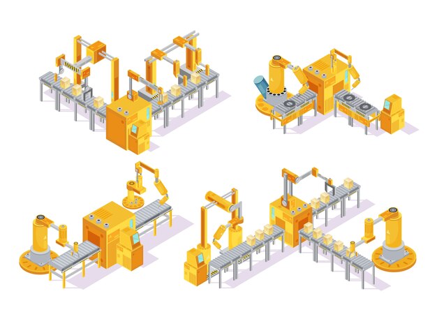 생산 라인 및 포장 격리 된 벡터 일러스트 레이 션을 포함하여 컴퓨터 제어 아이소 메트릭 디자인 컨셉 컨베이어 시스템