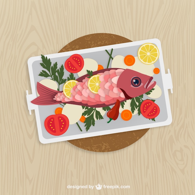 Free vector cooked fish and vegetables on a plate