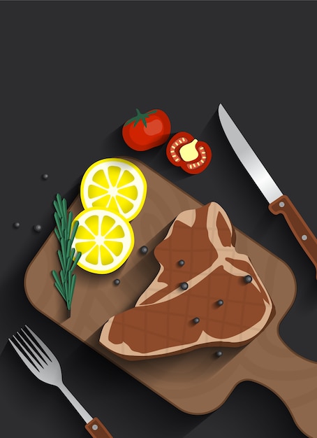 Бесплатное векторное изображение Приготовленный мясной стейк из мяса t-bone на верхней части стола