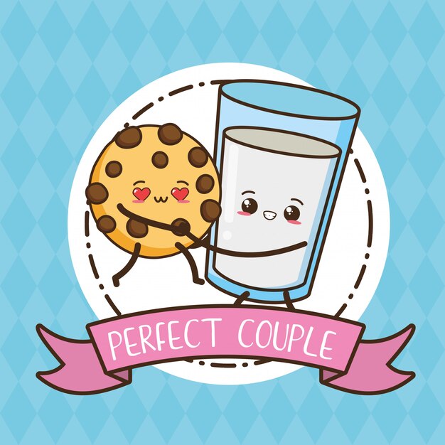 Cookie and glass of milk, Kawaii food, illustration