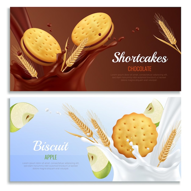 Cookies realistic horizontal banners set with apple and chocolate taste symbols isolated