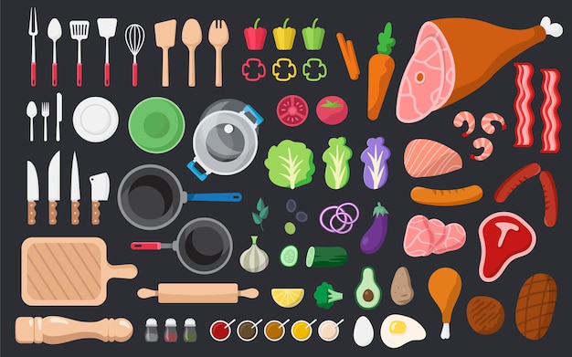 Cooking ingredients and tools vector set