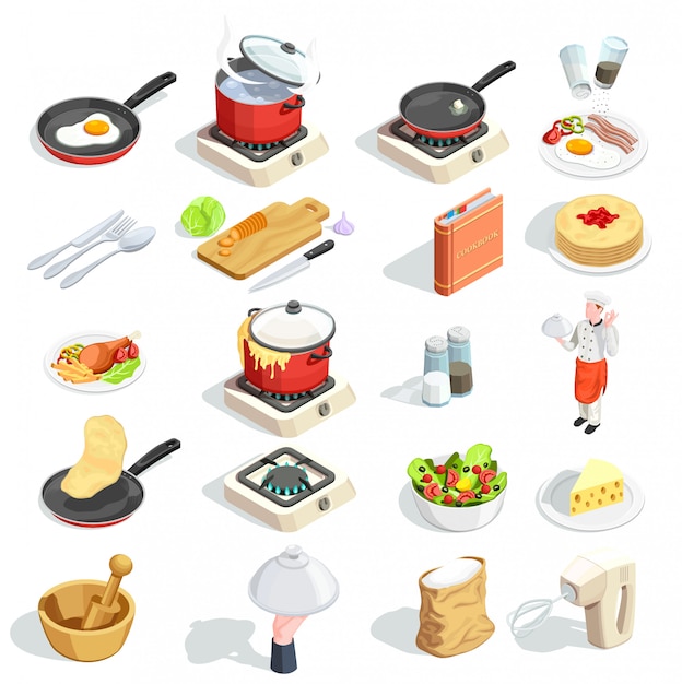 Cooking isometric icons collection