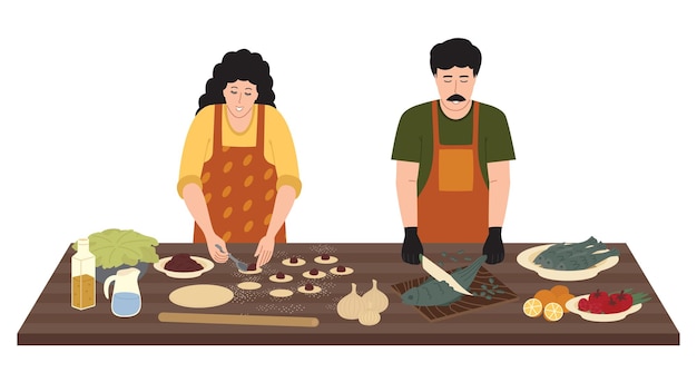 Готовим на кухонном столе. улыбающиеся мужчина и женщина готовят еду на кухне из теста, овощей, яиц, масла, круп, рыбы и других продуктов. плоские векторные иллюстрации, изолированные на белом фоне.