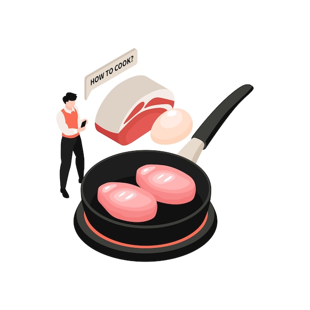 Бесплатное векторное изображение Кулинарная школа изометрической иллюстрации с едой на сковороде и рецептом, наблюдающим за персонажем в смартфоне 3d