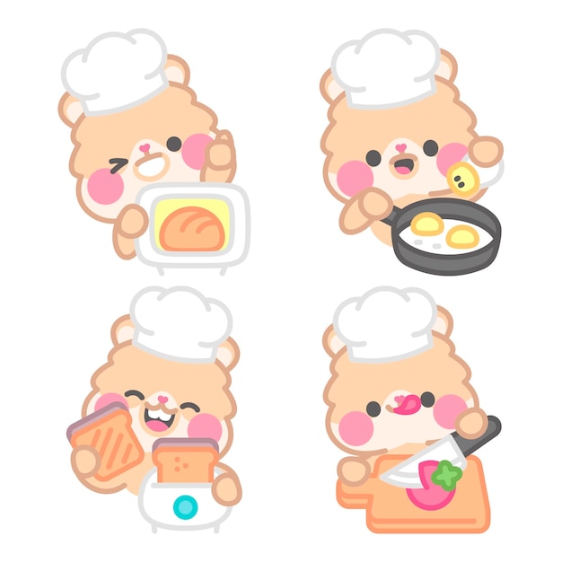 Free vector cooking stickers collection with kimchi the hamster