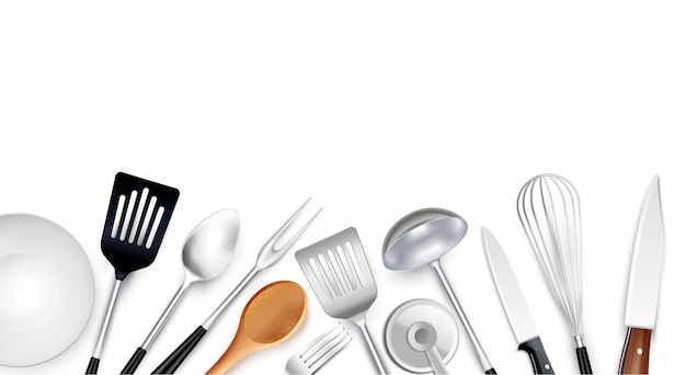 Cooking tools background composition with realistic images of kitchenware items made of steel plastic and wood