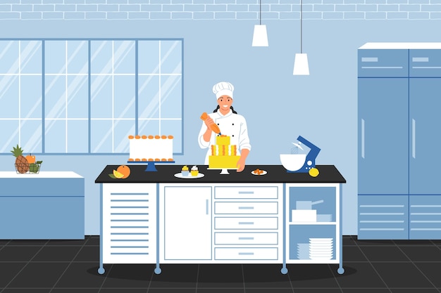 Vettore gratuito cucina la composizione con il carattere di stile di doodle del cuoco femminile che prepara la torta con l'illustrazione di vettore di paesaggio della cucina del ristorante