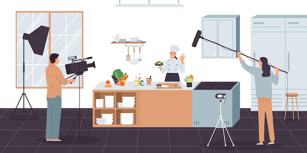 Free vector cooks online composition with indoor scenery of big kitchen with starring female cook and shooting crew vector illustration