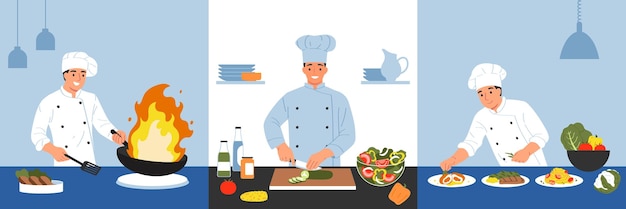 無料ベクター プロのシェフが鍋で野菜を切り、食事のベクトル図を飾るという 3 つの正方形の構成を含む料理人セット