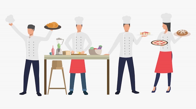 Free vector cooks with dishes in restaurant kitchen