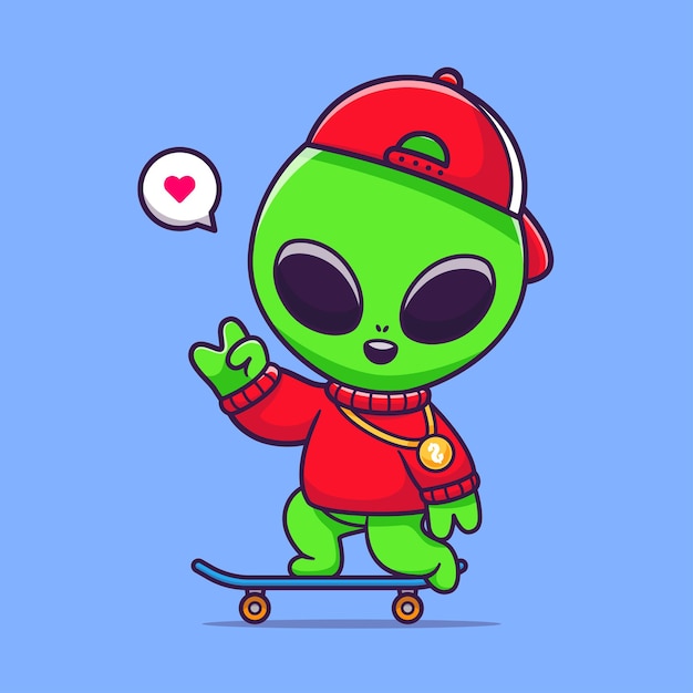 Cool Alien Playing Skateboard Cartoon Vector Icon Illustration. Science Sport Icon Concept Isolated Premium Vector. Flat Cartoon Style
