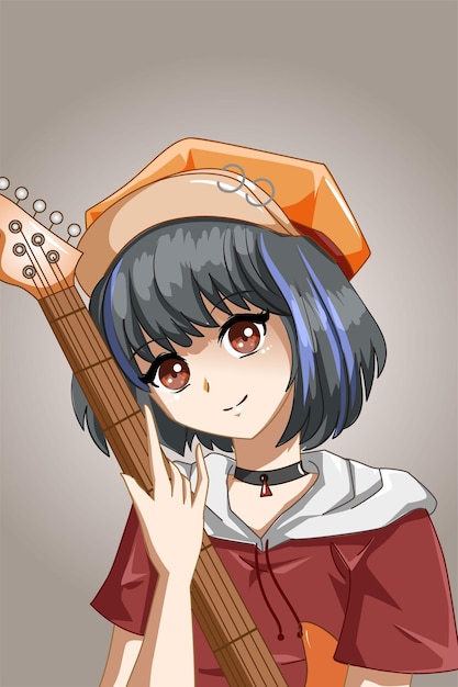 ギターの漫画イラストでクールで美しいロックスターの女性 プレミアムベクター