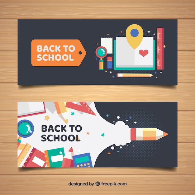 Cool banners with school materials in flat design