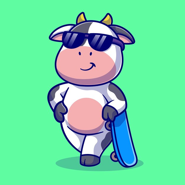 Cool Cow With Skateboard Cartoon Vector Icon Illustration. Animal Sport Icon Concept Isolated Premium Vector. Flat Cartoon Style