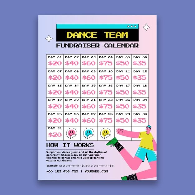 Бесплатное векторное изображение Календарь сбора средств для крутой танцевальной команды