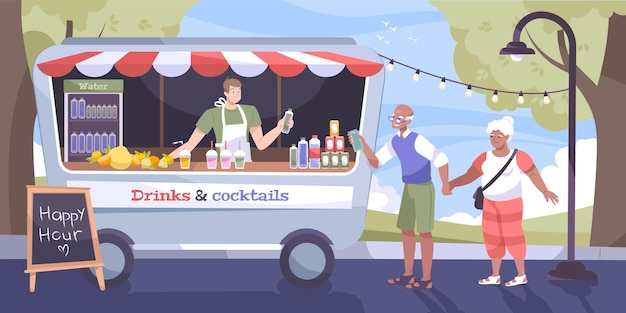 Cool drink street flat concept with old couple buy a bottle of water in food truck