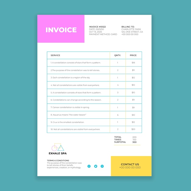 Free vector cool exhale spa invoice