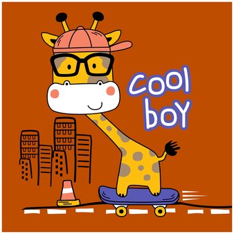 スケートボードの面白い動物の漫画を再生するクールなキリン