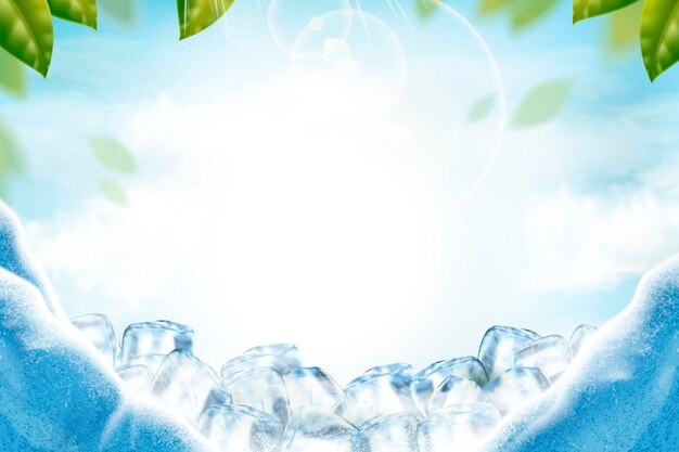 Premium Vector Cool Ice Background With Green Leaves And Sunbeams In 3d Illustration