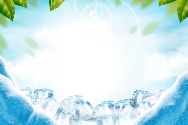 Cool ice background with green leaves and sunbeams in 3d illustration