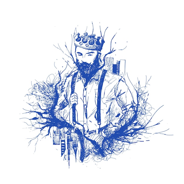 Vettore gratuito cool king hipster hair style character design illustrazione vettoriale di schizzo disegnato a mano