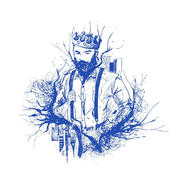 Прохладный король хипстерских причесок дизайн персонажей Ручной рисунок Векторная иллюстрация