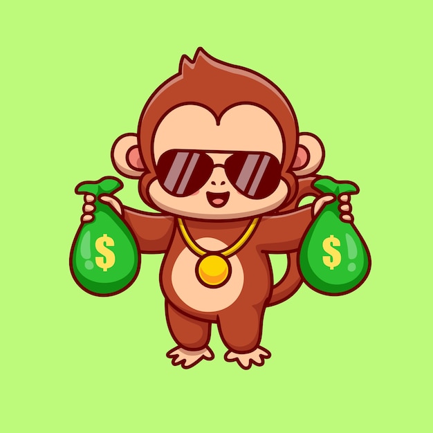 Vettore gratuito cool monkey holding money bag cartoon vector icon illustration. concetto di icona di finanza animale isolato vettore premium. stile cartone animato piatto