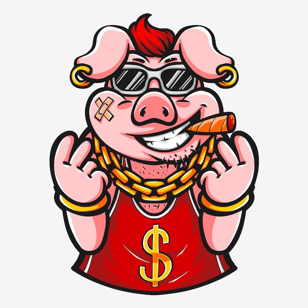 Cool pig character wearing backetball jersey for vector templates