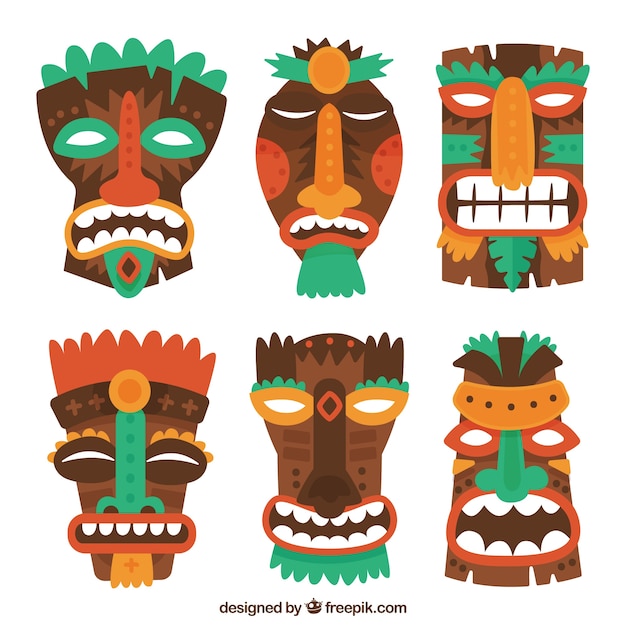 Бесплатное векторное изображение Прохладный набор деревянных тики-масок