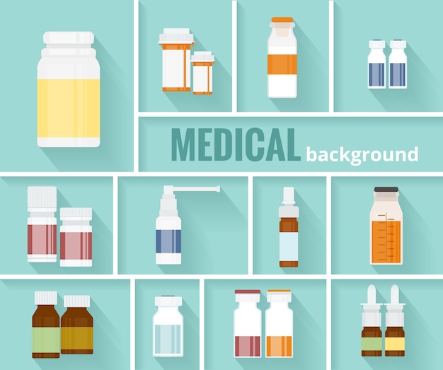 Free vector cool various cartooned medication bottles for medical background graphic design.