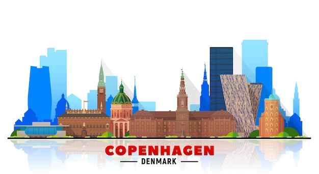 白い背景の上のパノラマとコペンハーゲン（デンマーク）のスカイライン。ベクトルイラスト。近代的な建物とビジネス旅行と観光のコンセプト。プレゼンテーション、バナー、webサイトの画像。