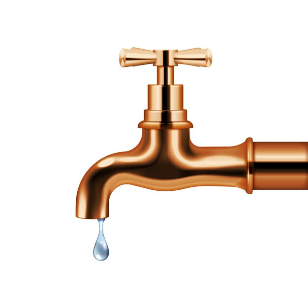 Copper water faucet with dripping water realistic isolated object in retro style isolated