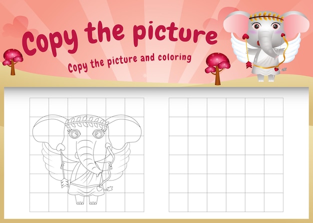 발렌타인 의상을 사용하여 귀여운 코끼리와 함께 그림 키즈 게임 및 색칠 공부 페이지를 복사하십시오. 프리미엄 벡터